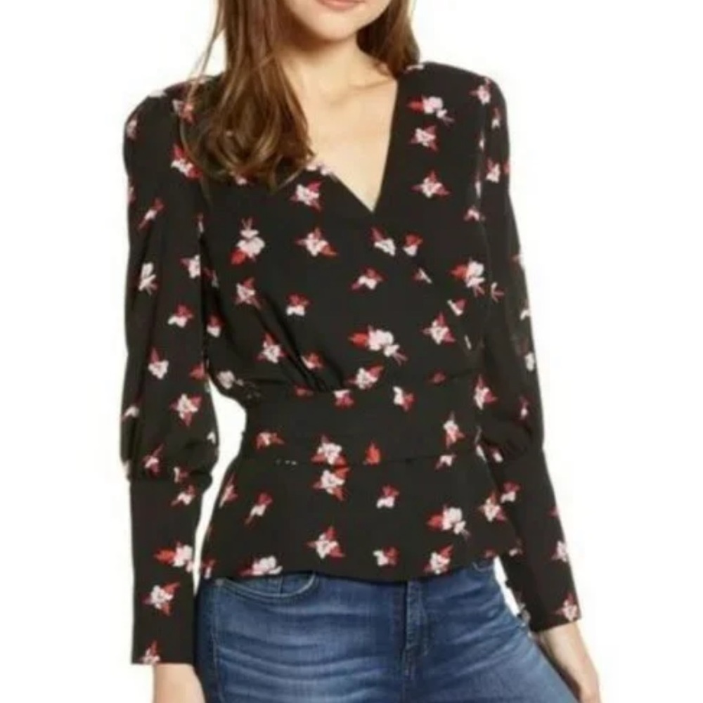 NEW Nordstrom Black Red Floral Wrap Blouse Button Details Size Small V-Neck top
